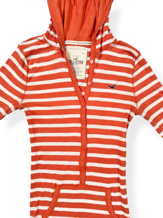 Hollister Orange Striped Hooded 3/4 Sleeve Henley Top ♡ S