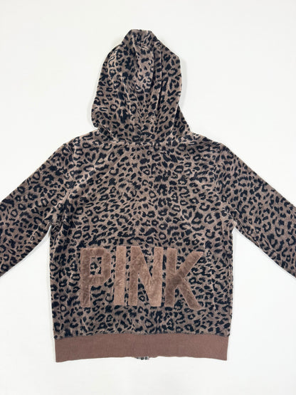 PINK Leopard Velour Zip Up Hoodie  ☆S