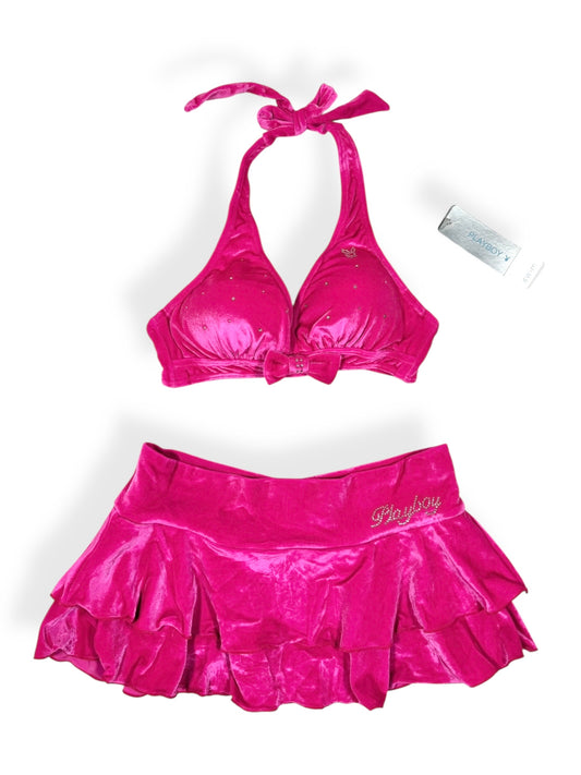 Playboy Pink Velour Bikini & Skirt Set