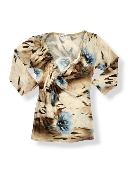 Animal Print Blue Flower 3/4 Sleeve Top ♡ M
