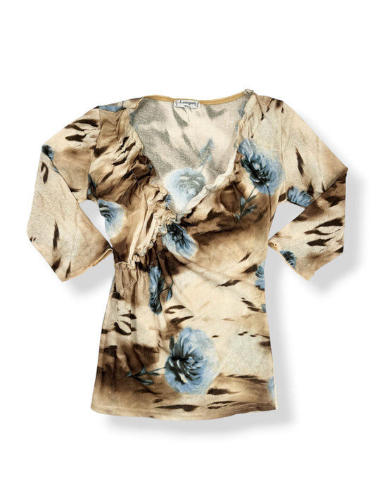 Animal Print Blue Flower 3/4 Sleeve Top ♡ M