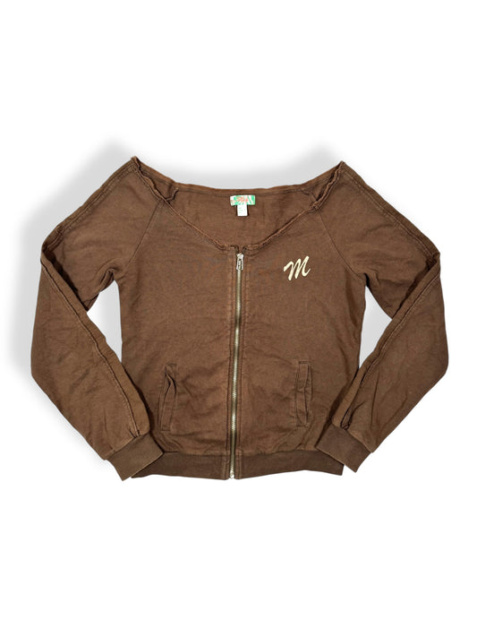 Brown Off-Shoulder Zip Up Sweater