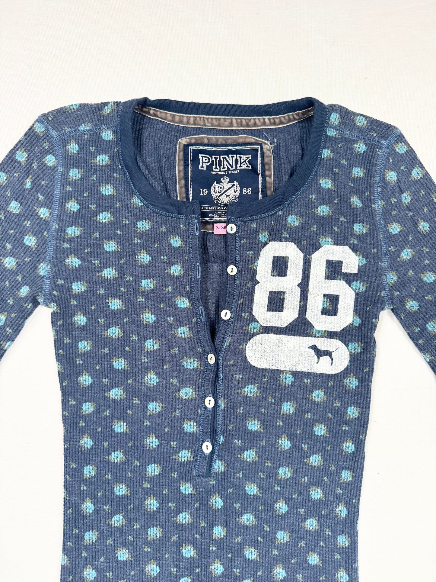 PINK Blue Flower Diamante Logo Henley Long Sleeved Top ♡ XS