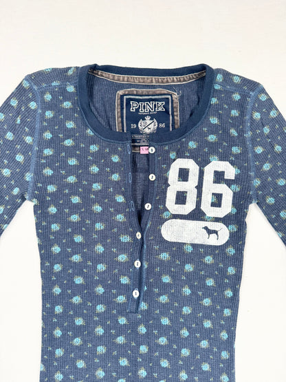 PINK Blue Flower Diamante Logo Henley Long Sleeved Top ♡ XS