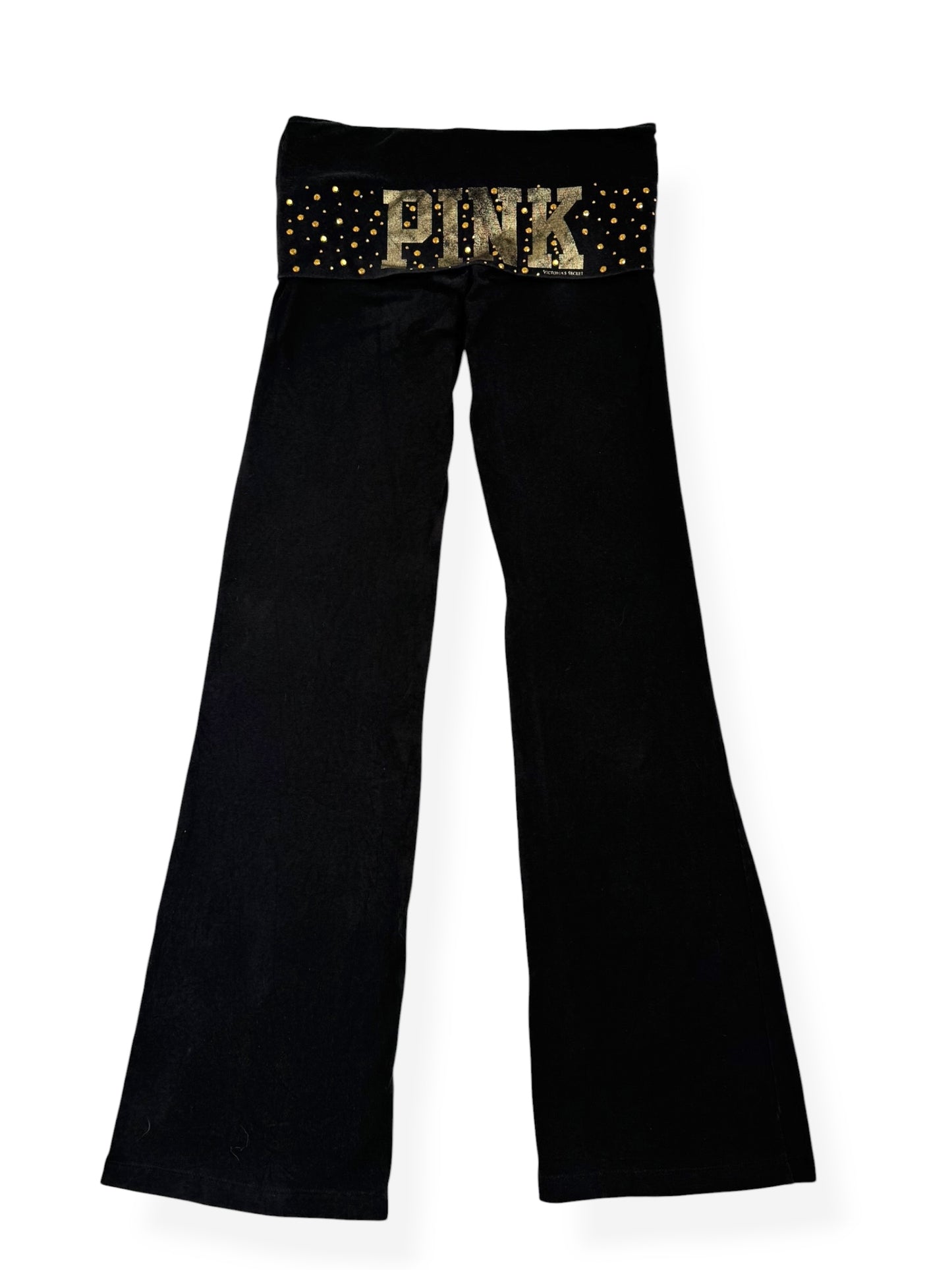 PINK Black & Gold Fold Over Waistband Flared Leggings ♡ S