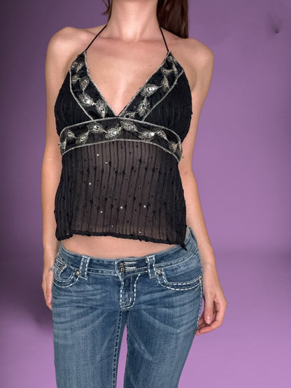 Black Sequin Tie Back Halter ♡ S