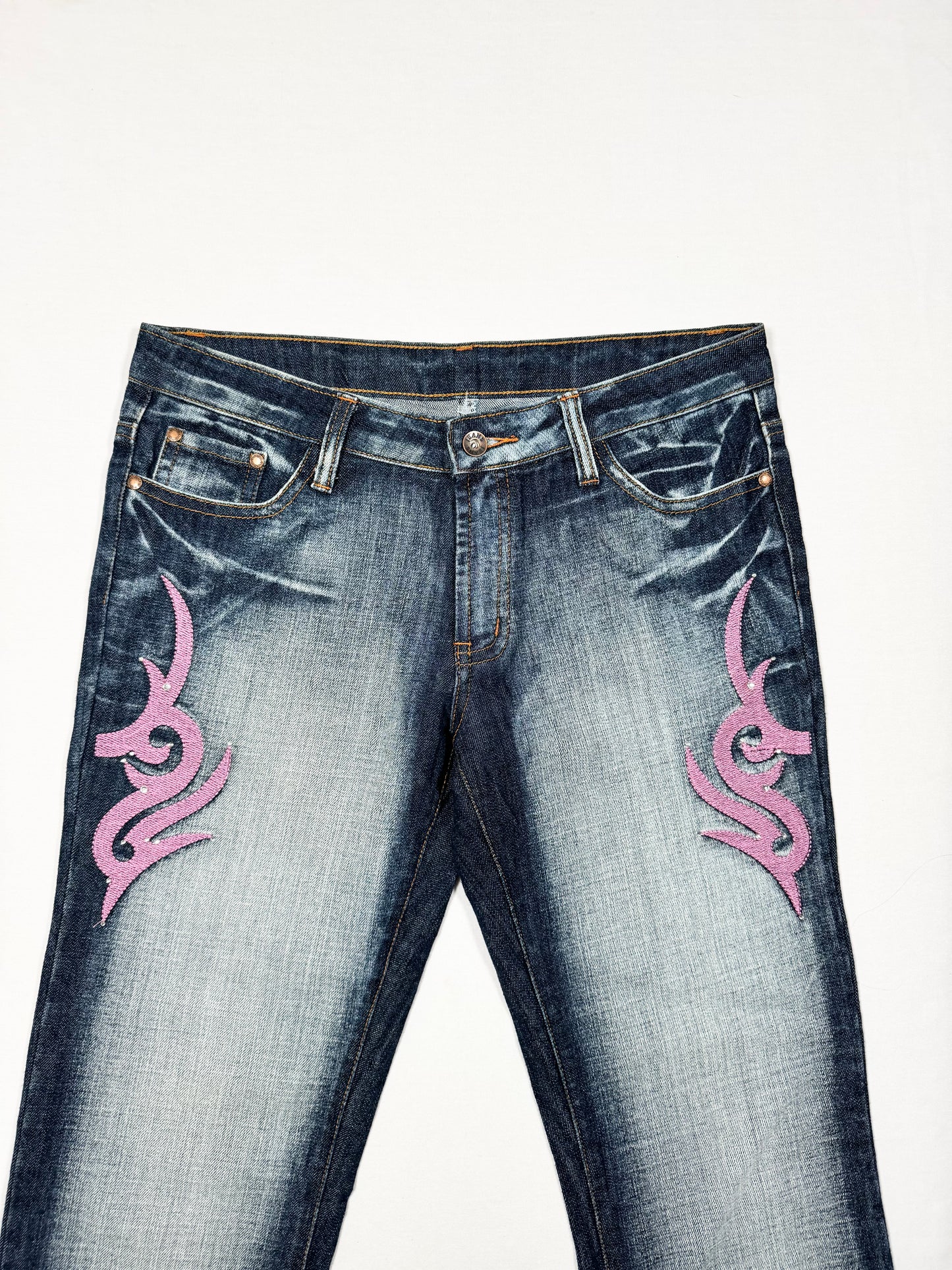 Pink Tribal Embroidered Flared Jeans ♡ Size L