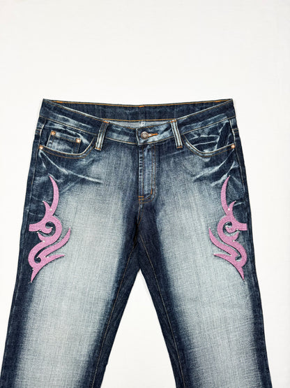 Pink Tribal Embroidered Flared Jeans ♡ Size L