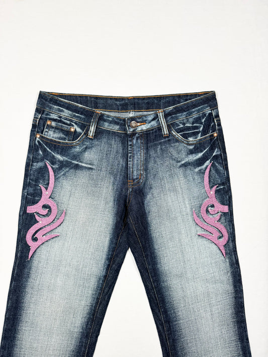 Pink Tribal Embroidered Flared Jeans ♡ Size L