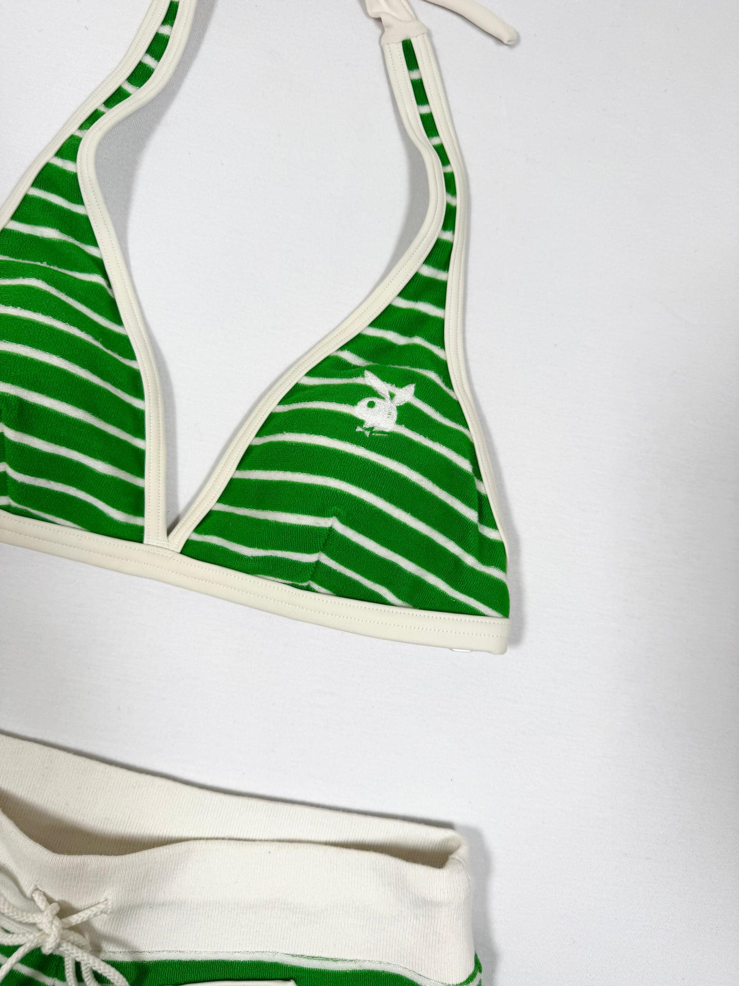 Playboy Green Striped Bikini + Shorts Set