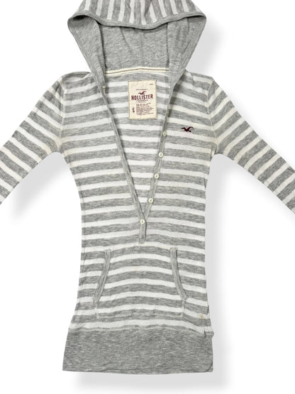 Hollister Grey Striped Hooded 3/4 Sleeve Top ♡ S