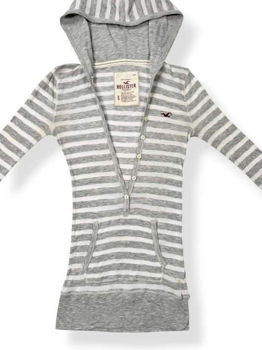 Hollister Grey Striped Hooded 3/4 Sleeve Top ♡ S