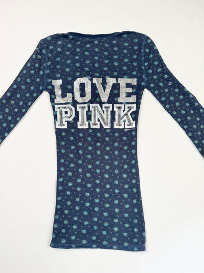 PINK Blue Flower Diamante Logo Henley Long Sleeved Top ♡ XS