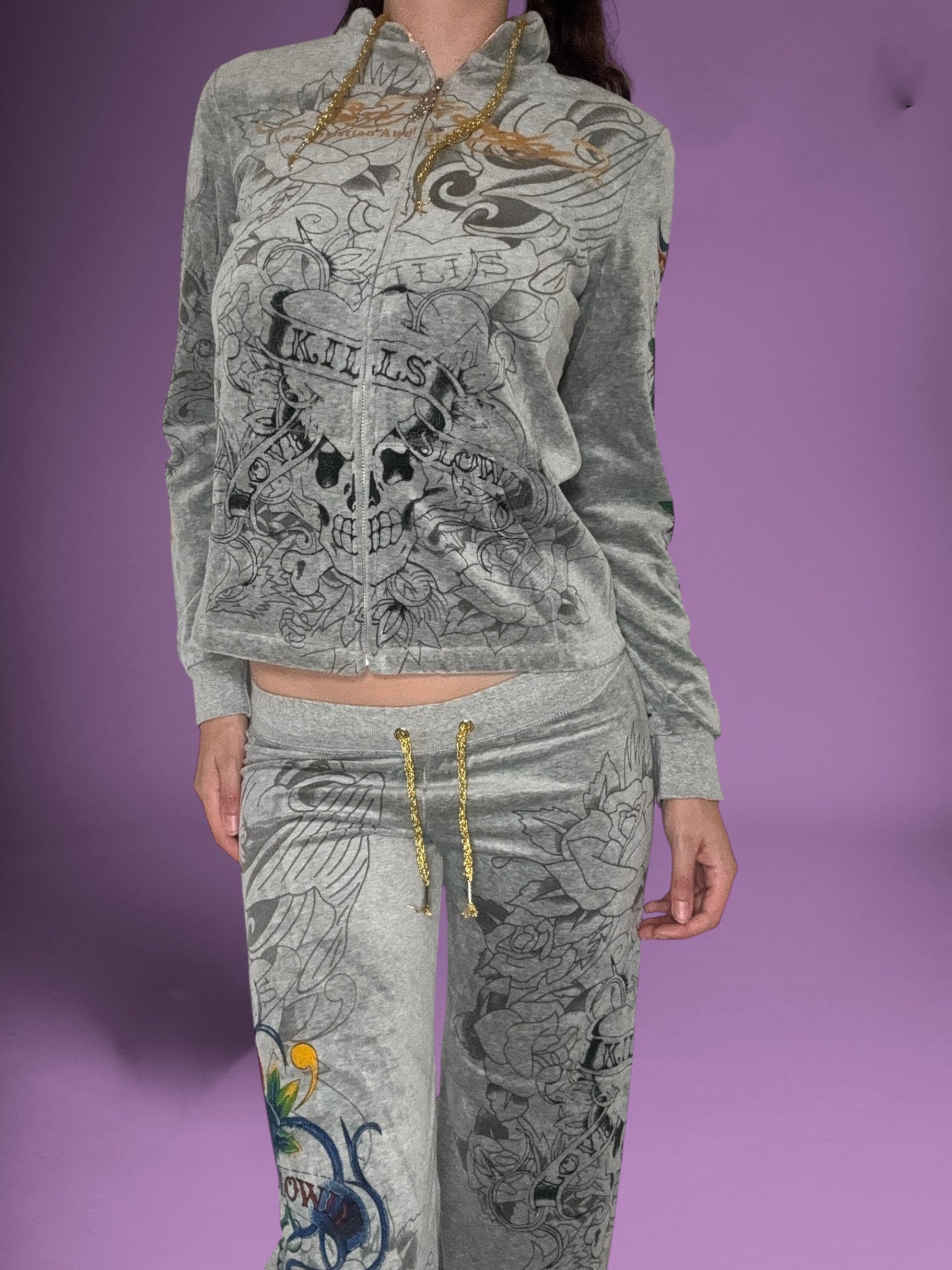 Ed Hardy Grey Velour Tracksuit ♡ Size M