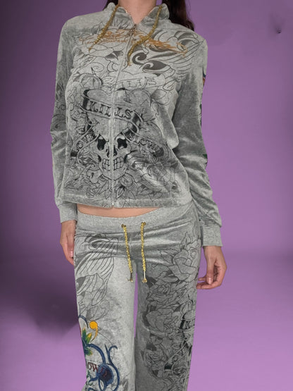 Ed Hardy Grey Velour Tracksuit ♡ Size M