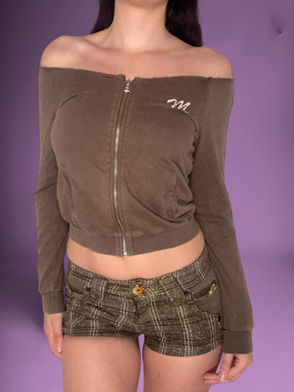 Brown Off-Shoulder Zip Up Sweater