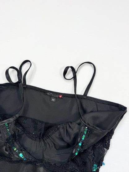 “Hotkiss” Lace Sequin Panel Black Cami ♡ M