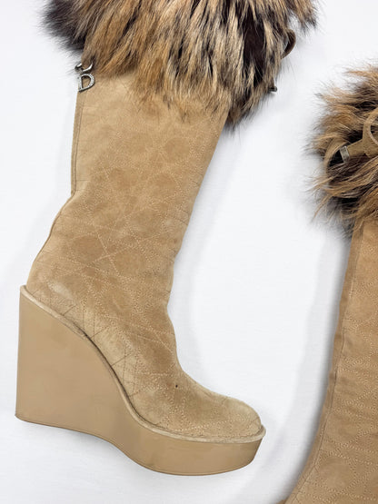 Dior Fur Trim Wedge Boots ♡ Euro 37.5