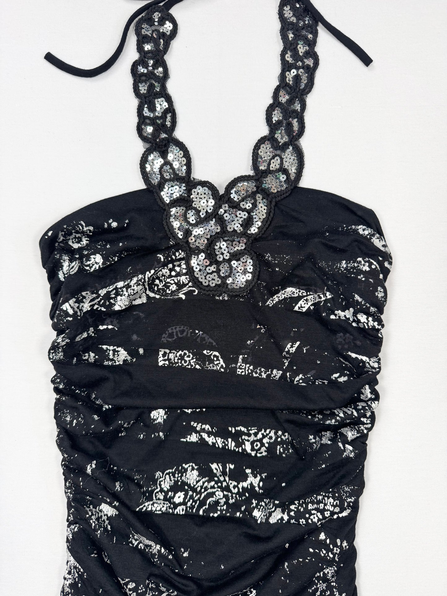 Black & Silver Ruched Sequin Halter Top ♡ S
