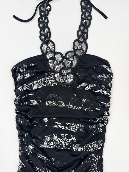 Black & Silver Ruched Sequin Halter Top ♡ S