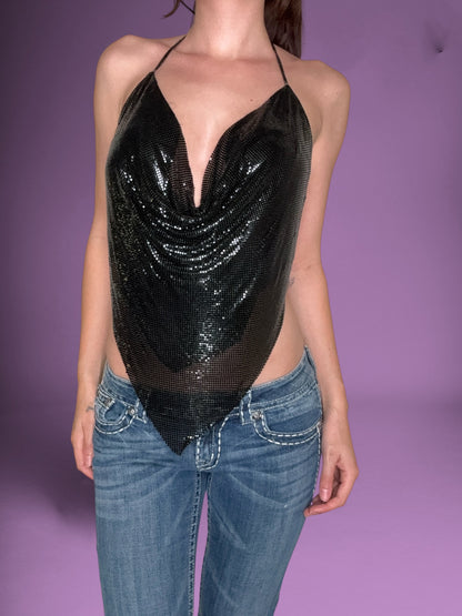 Black Chainmail Open Back Halter ♡ S
