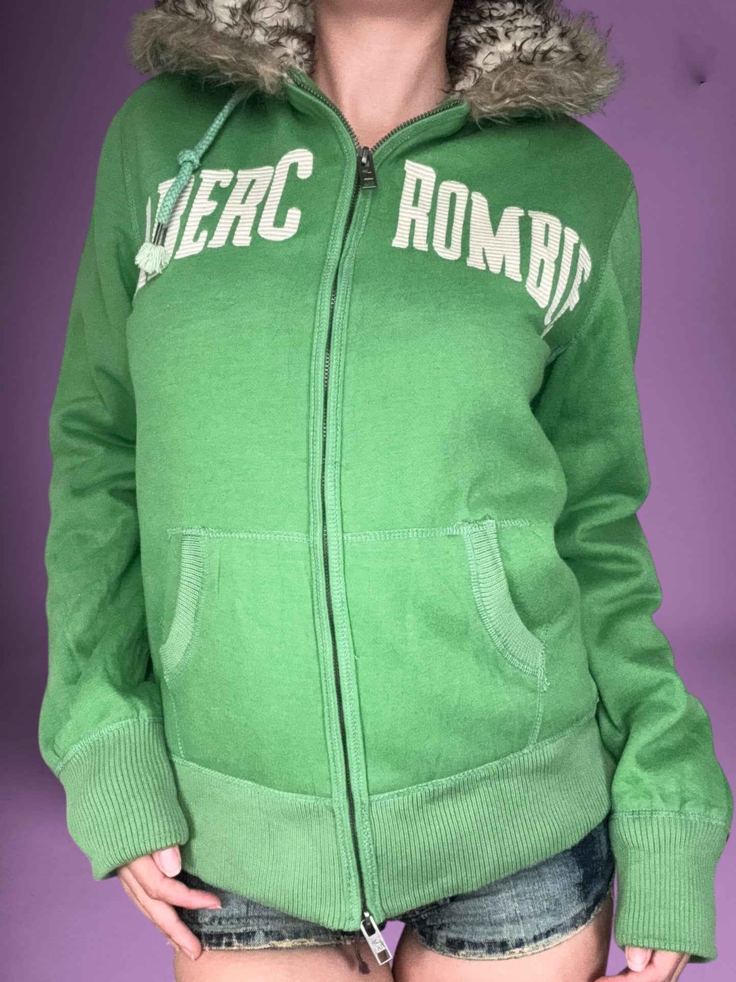 Abercrombie & Fitch Green Fur Hood Zip Up ☆ XL