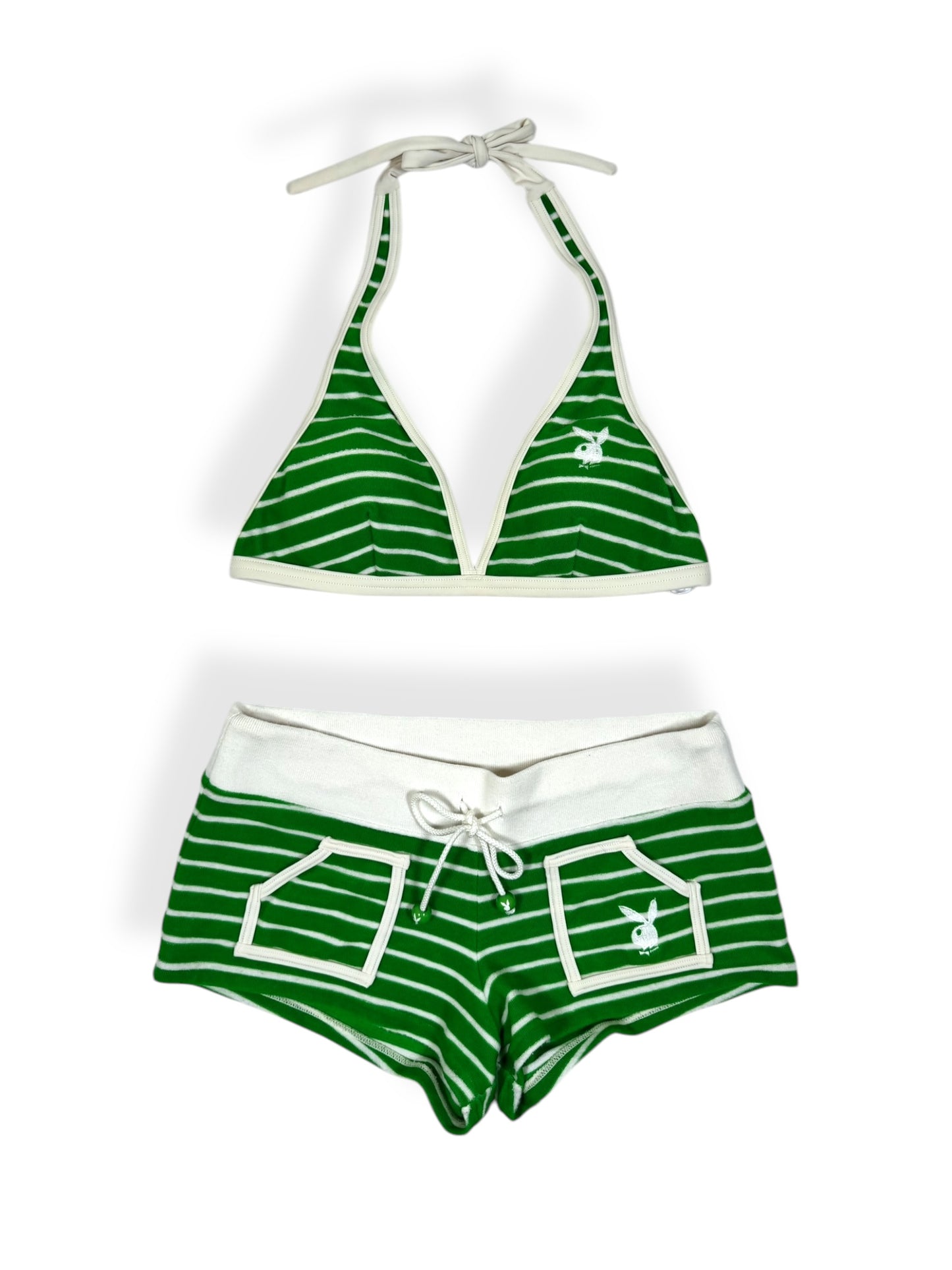 Playboy Green Striped Bikini + Shorts Set