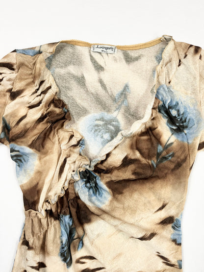 Animal Print Blue Flower 3/4 Sleeve Top ♡ M