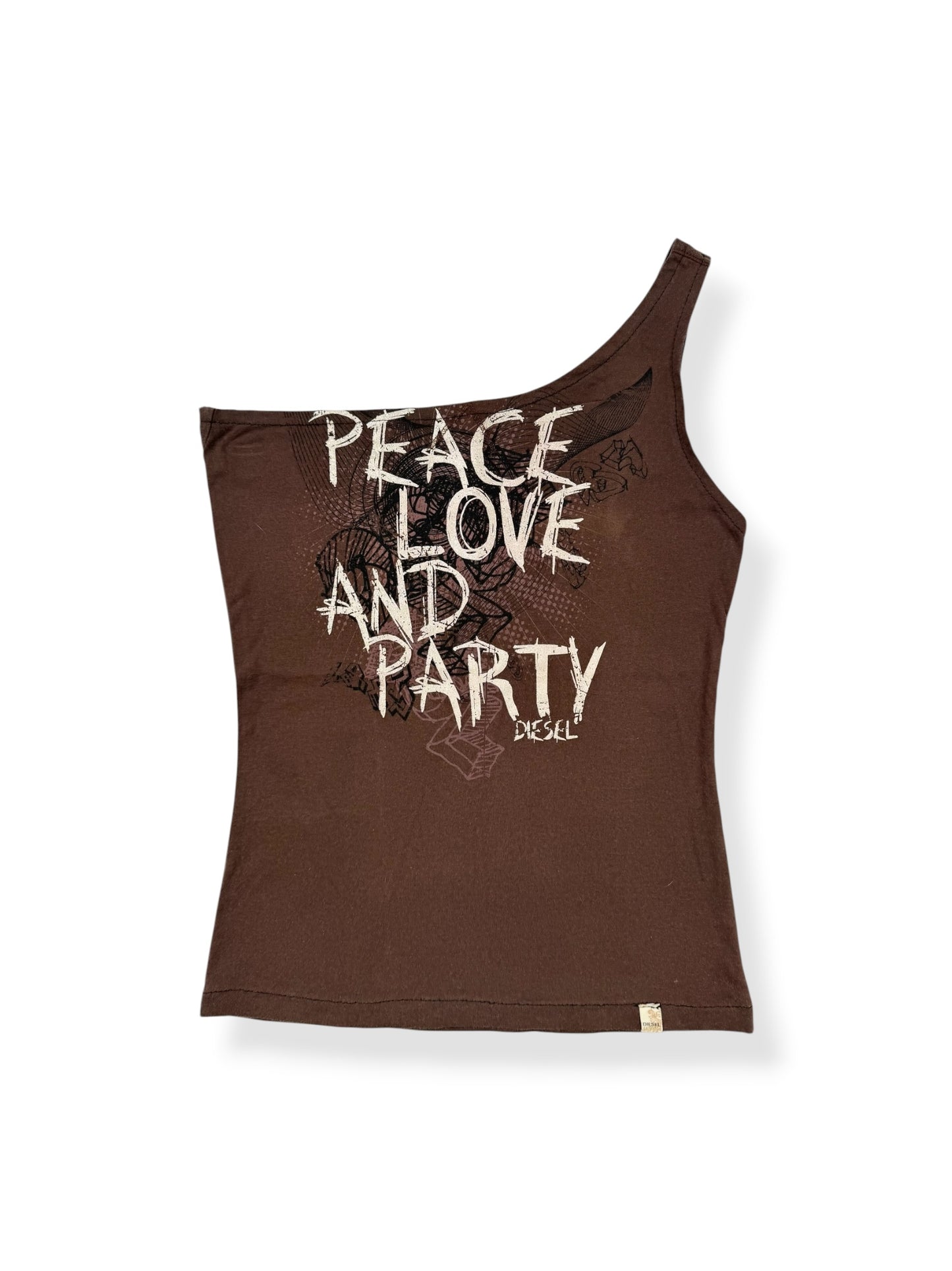 Diesel “Peace Love & Party” Brown One Shoulder Tank ♡ XS