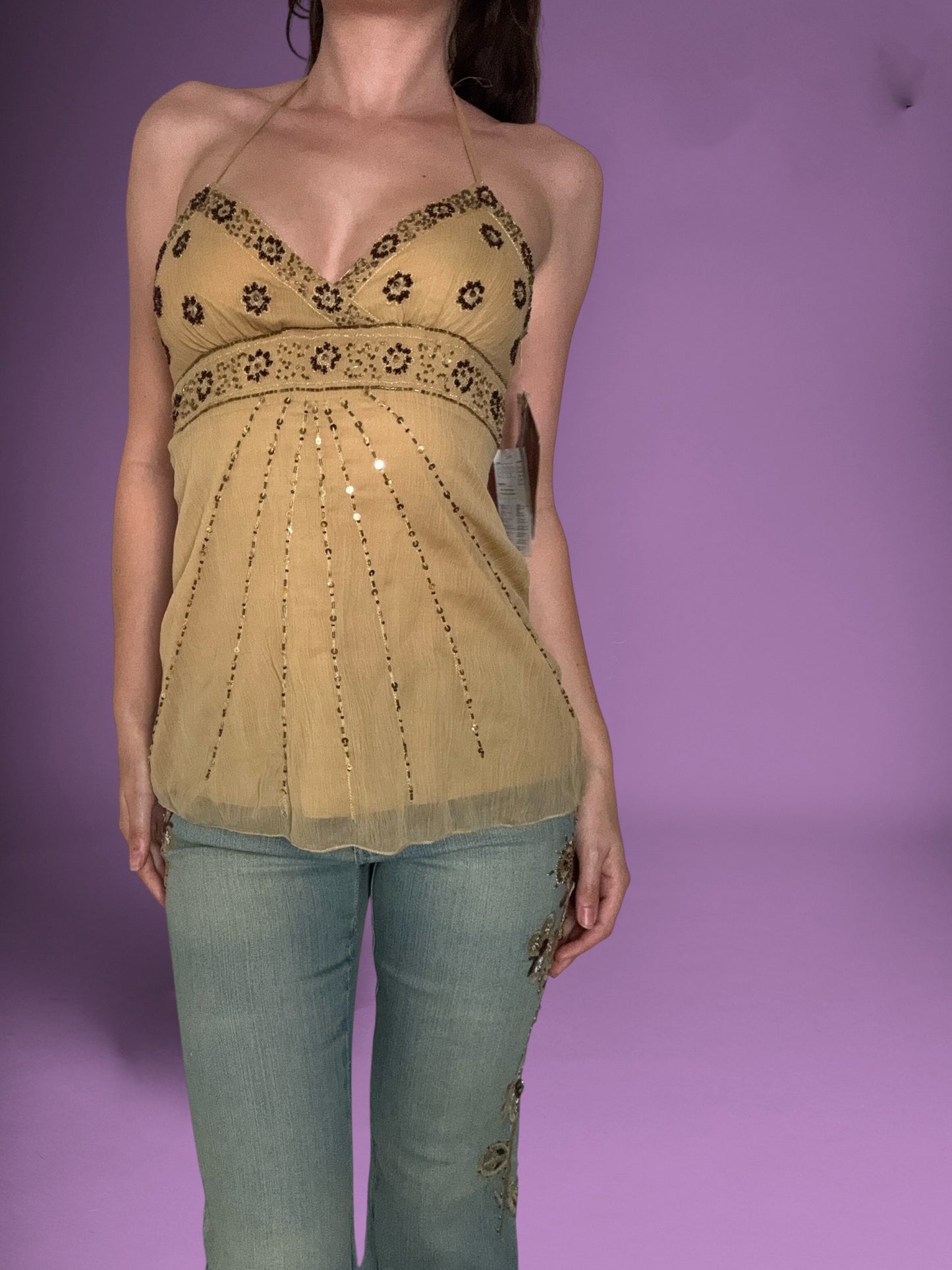 Rampage Beige Beaded Halter Cami ♡ S