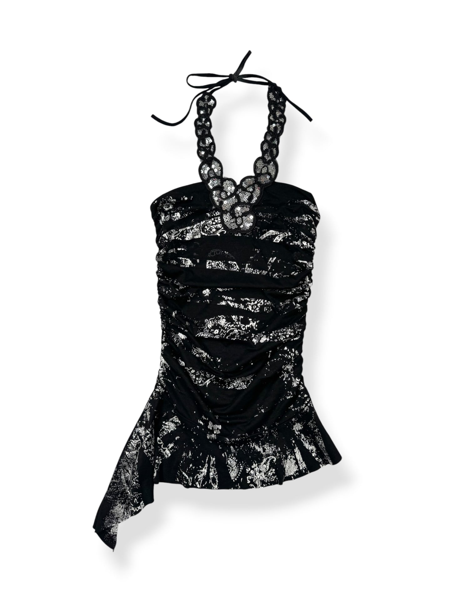 Black & Silver Ruched Sequin Halter Top ♡ S