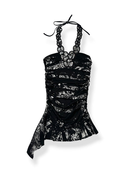 Black & Silver Ruched Sequin Halter Top ♡ S