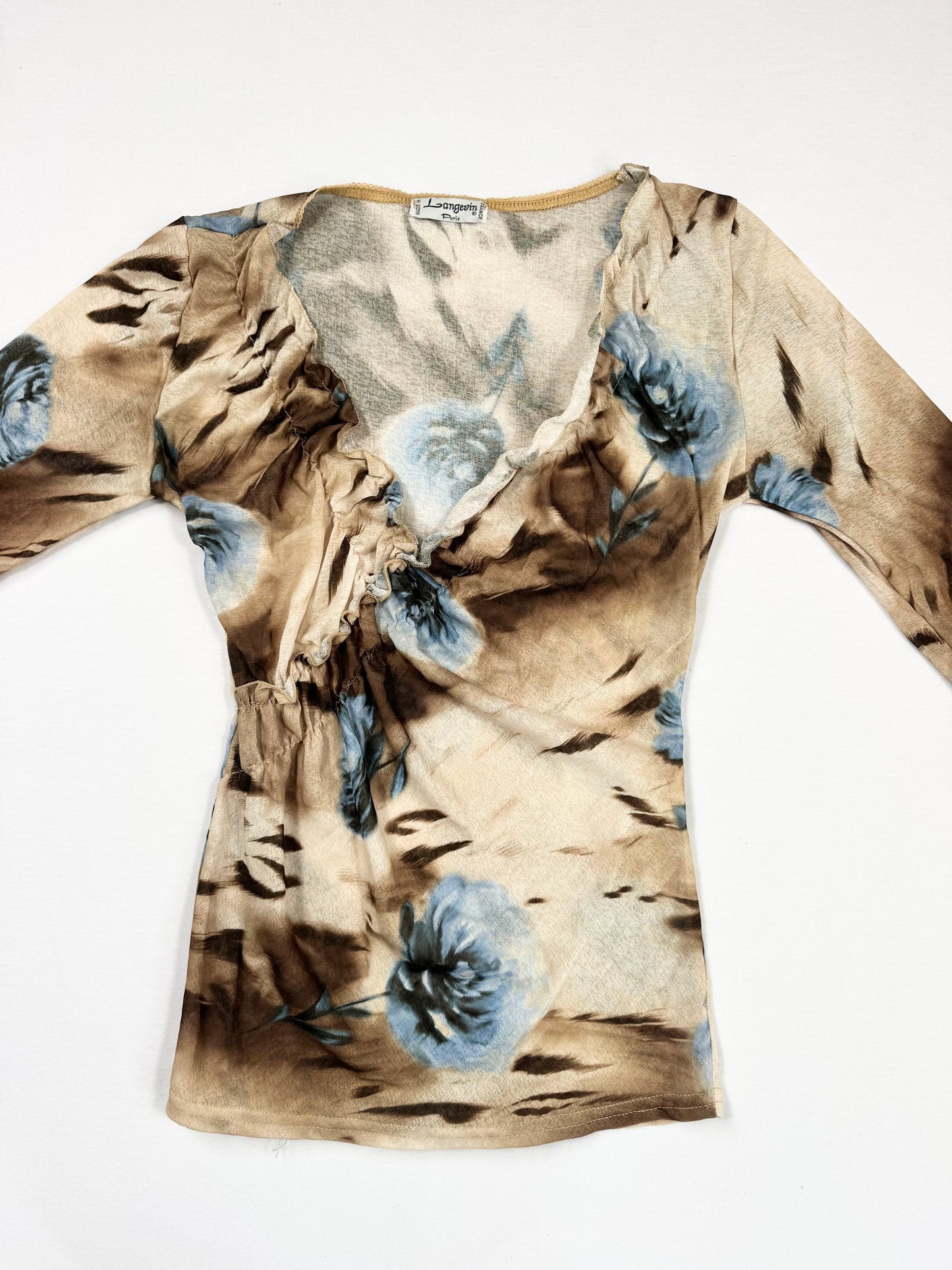 Animal Print Blue Flower 3/4 Sleeve Top ♡ M