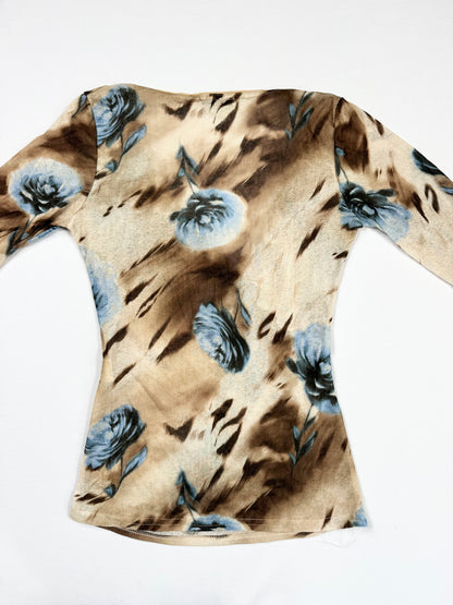 Animal Print Blue Flower 3/4 Sleeve Top ♡ M