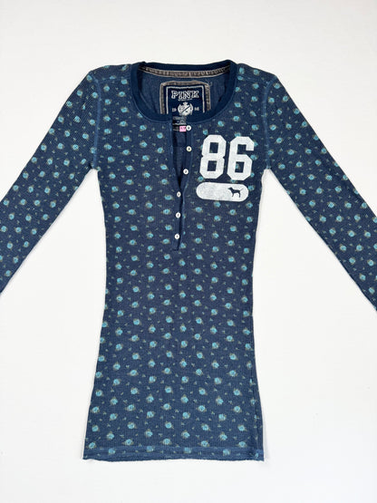 PINK Blue Flower Diamante Logo Henley Long Sleeved Top ♡ XS