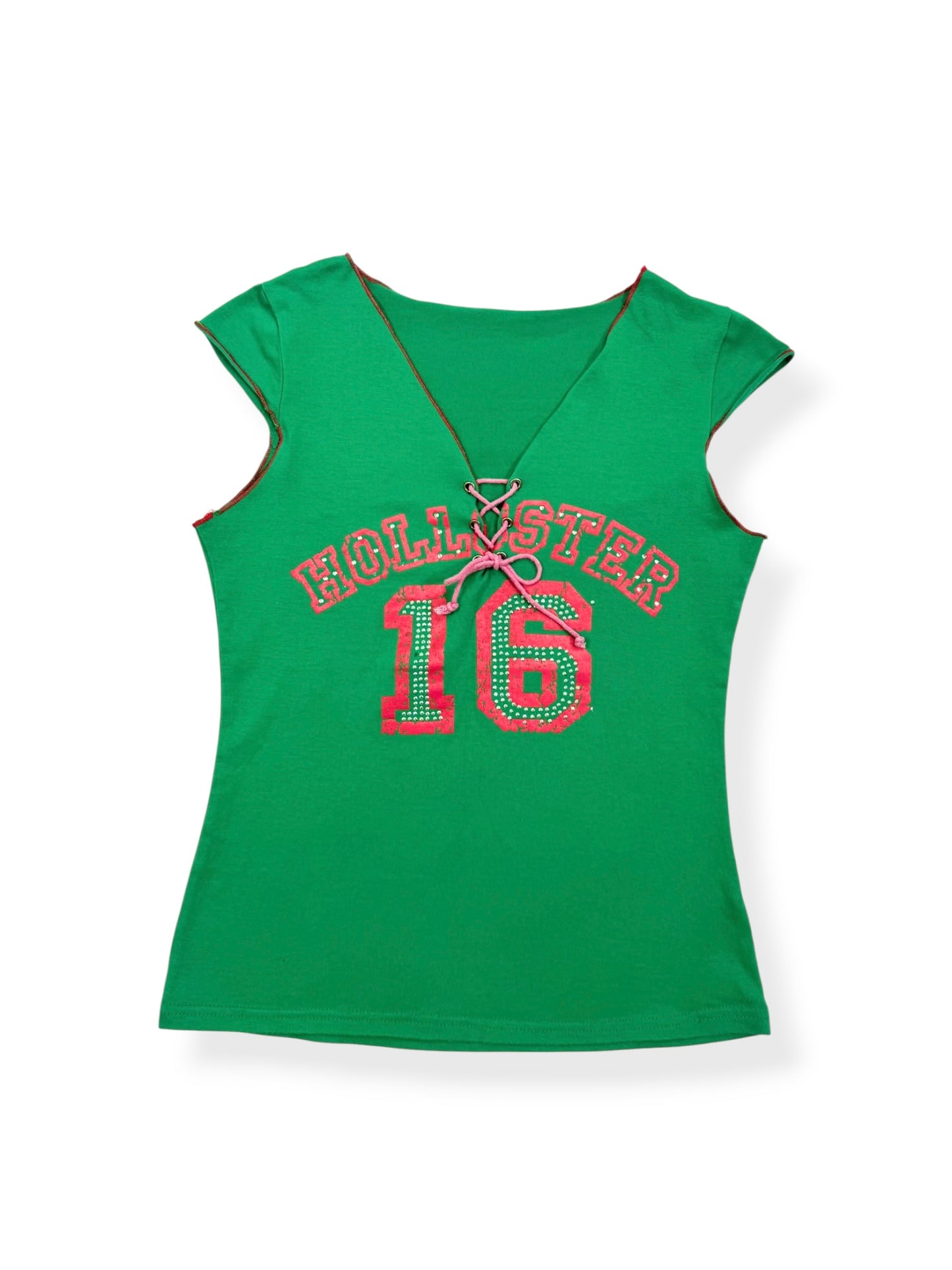 Hollister Green & Pink Lace Up Tee ♡ S