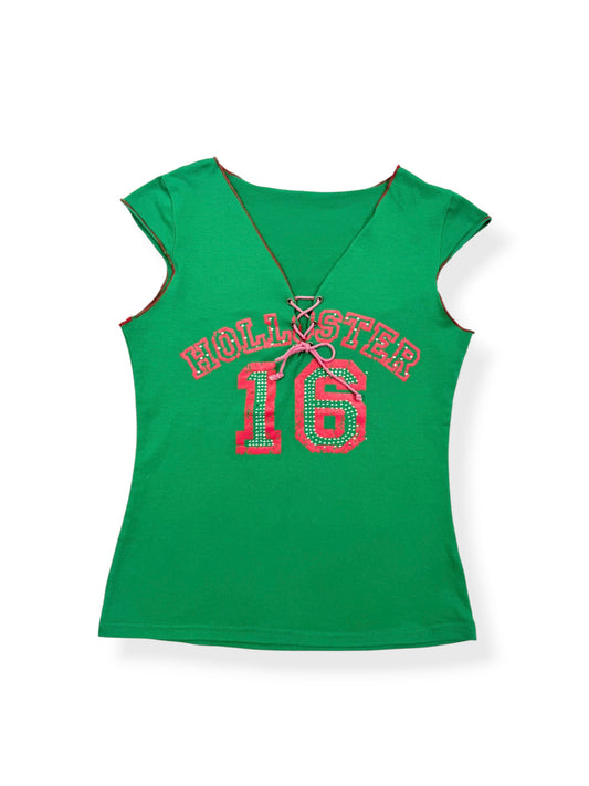 Hollister Green & Pink Lace Up Tee ♡ S