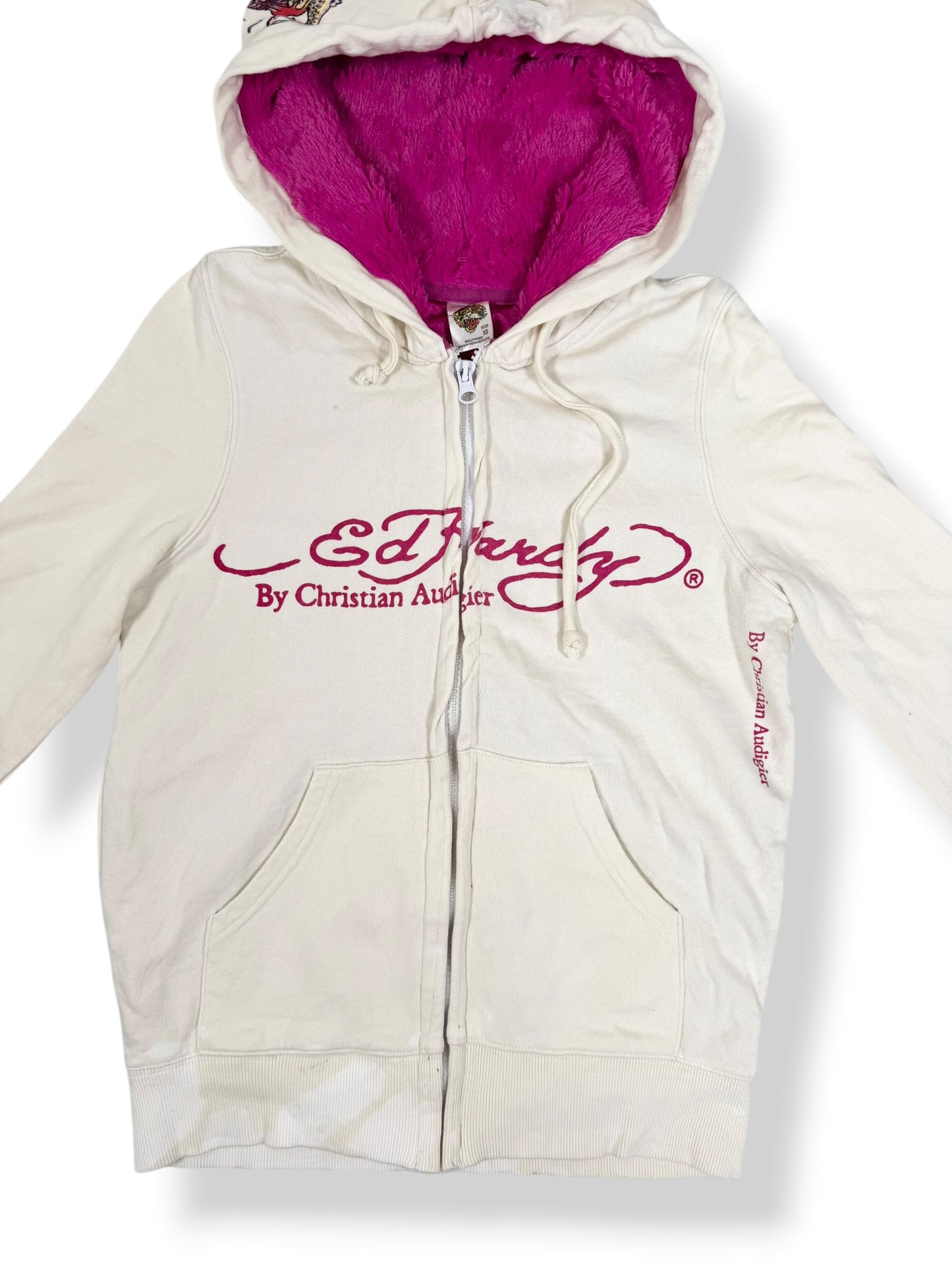 Pink Faux Fur Hood Ed Hardy Zip Up ♡ S
