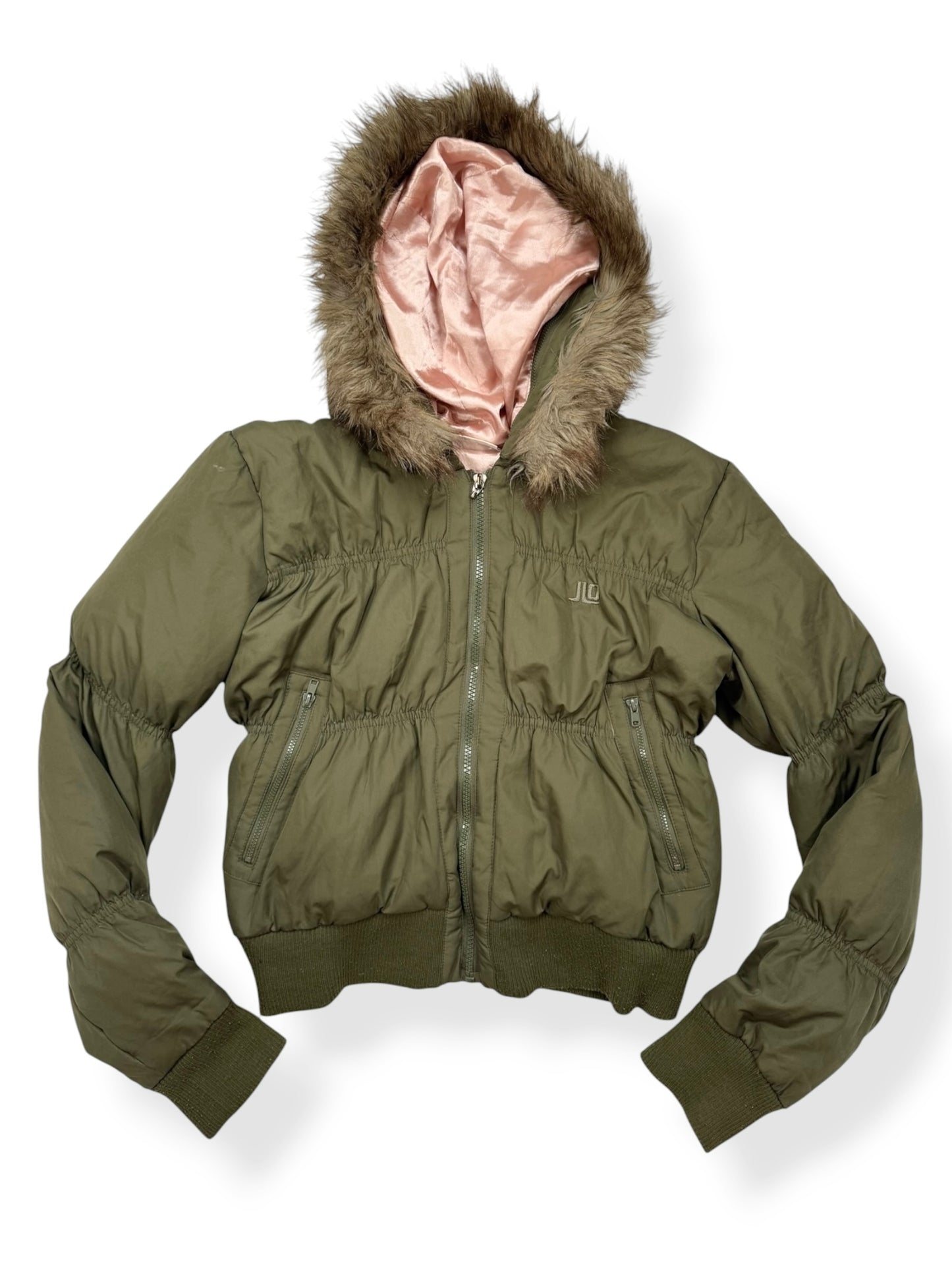 JLO Khaki Cropped Fur Hood Puffer Jacket ♡ S