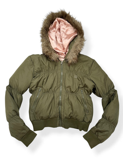 JLO Khaki Cropped Fur Hood Puffer Jacket ♡ S