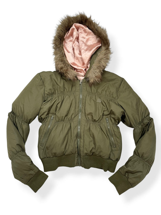JLO Khaki Cropped Fur Hood Puffer Jacket ♡ S