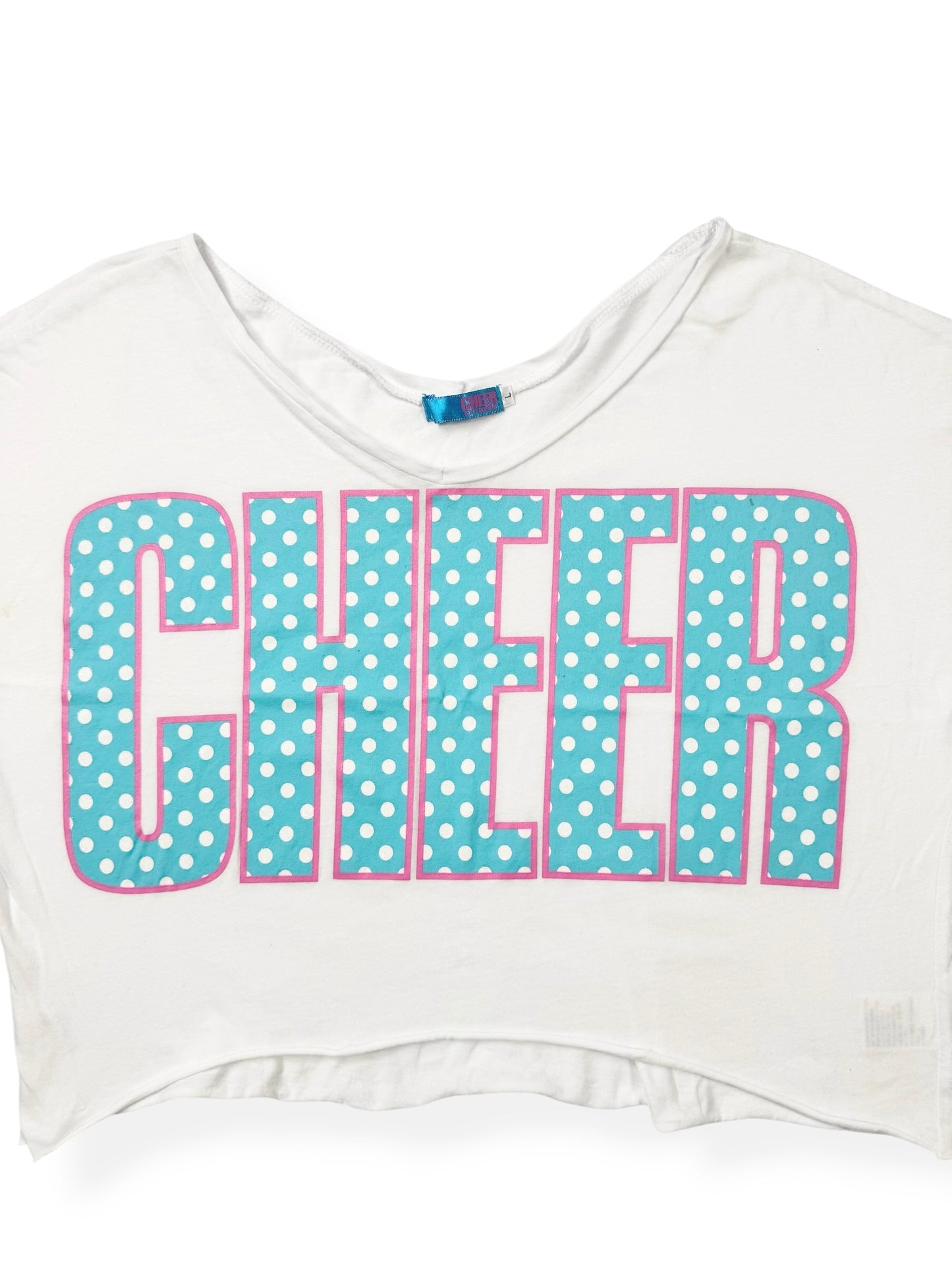 CHEER Pink & Blue Polka Cropped Off Shoulder Top ♡ L