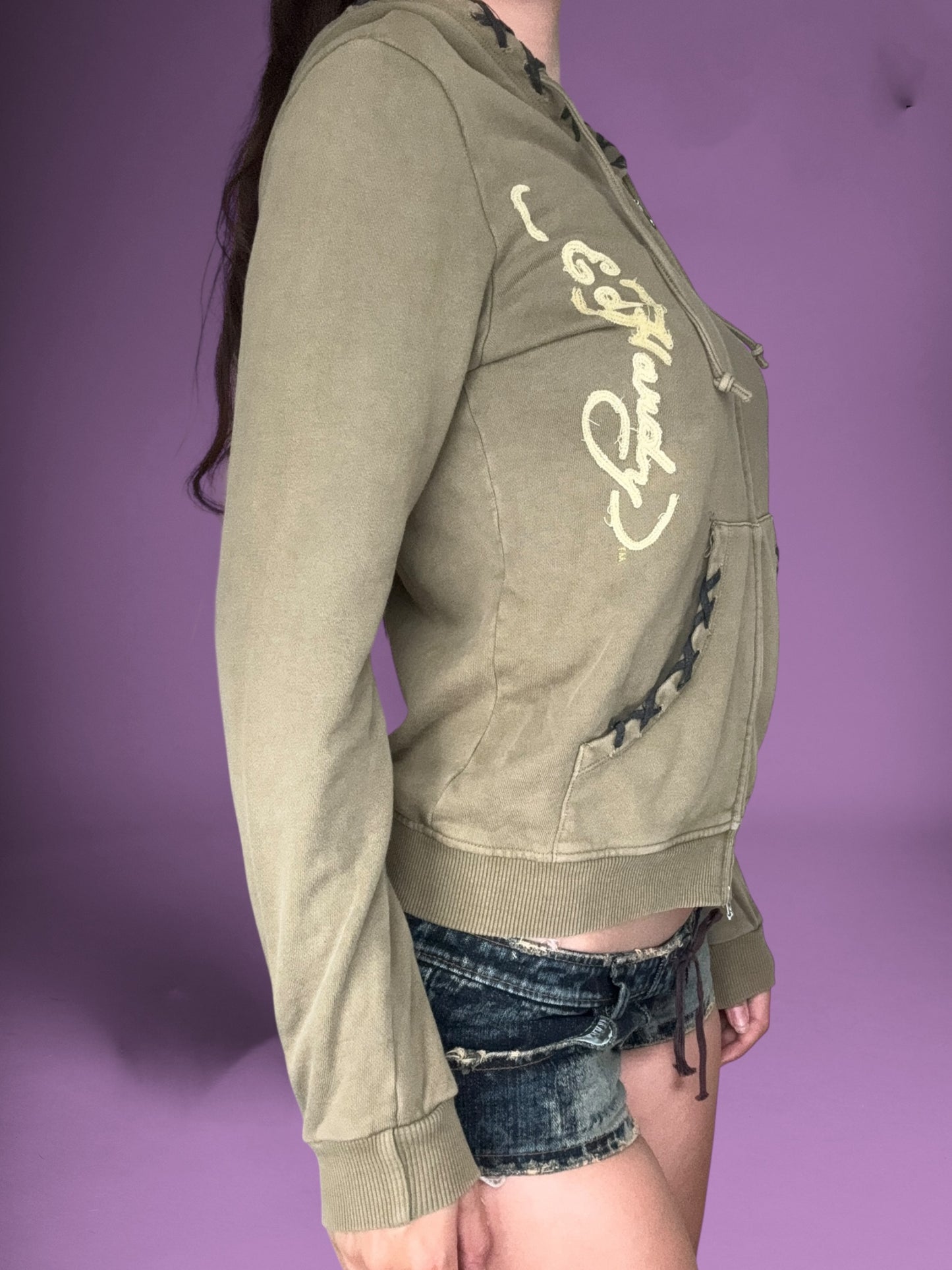Green Ed Hardy Suede Lace Trim Hoodie  ☆